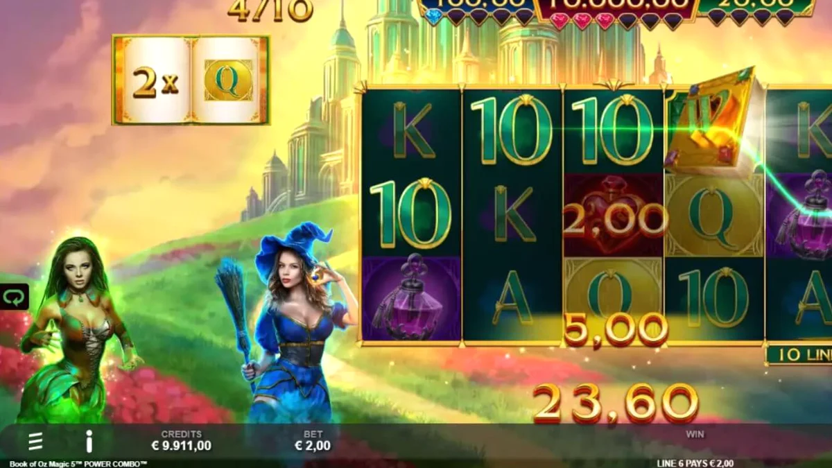 Interface do jogo Book of Oz Magic 5 Power Combo com elementos mágicos e personagens clássicos