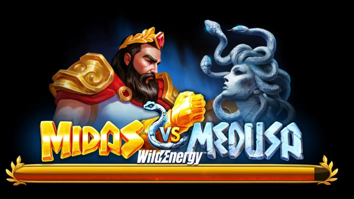Cena épica do slot Midas VS Medusa WildEnergy com elementos de ouro e pedra