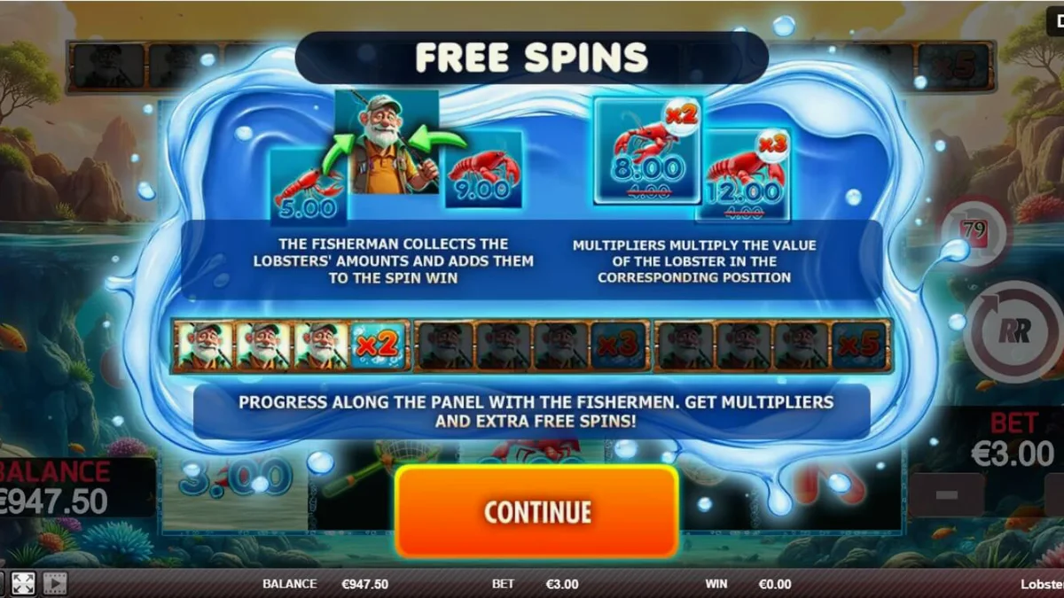 Interface do jogo de slot Lobster Splash com tema de pesca subaquática